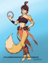 Rule 34 | 1girl, barefoot, belt pouch, breasts, clothes pull, colorized, fang, feet, female focus, full body, furry, furry female, highres, lady cybercat, matching hair/eyes, midriff, multicolored hair, orange eyes, orange hair, pouch, shirt pull, short sleeves, simple background, smile, solo, tail, third-party edit, thundercats, two-tone hair, wilykit, wrist cuffs
