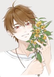 Rule 34 | 1boy, :d, absurdres, ahoge, brown eyes, brown hair, flower, grey background, grin, highres, holding, holding flower, jewelry, looking at viewer, luke pearce (tears of themis), mjm (user afra8722), necklace, open mouth, rose, shirt, short hair, simple background, smile, solo, tears of themis, teeth, white shirt, yellow flower, yellow rose