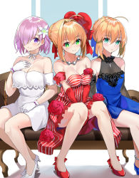Rule 34 | 3girls, ahoge, aqua eyes, artoria pendragon (all), artoria pendragon (fate), bare shoulders, blonde hair, blue dress, blush, braid, breasts, cleavage, couch, dress, fate/extra, fate/grand order, fate/stay night, fate (series), french braid, green eyes, hair between eyes, hair over one eye, high heels, highres, large breasts, light purple hair, long hair, looking at viewer, mash kyrielight, mash kyrielight (formal dress), medium breasts, multiple girls, nero claudius (fate), nero claudius (fate) (all), nero claudius (fate/extra), official alternate costume, purple eyes, red dress, saber (fate), saber (lapis lazuli dress) (fate), see-through, see-through cleavage, short hair, sitting, small breasts, smile, tsukise miwa, white dress