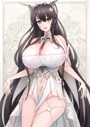 Rule 34 | 1girl, :d, antlers, azur lane, bare shoulders, black hair, blush, breasts, cleavage, clothing cutout, commentary request, cowboy shot, dress, flower, gloves, green eyes, hair between eyes, hair flower, hair ornament, highres, horns, indomitable (azur lane), large breasts, long hair, looking at viewer, navel, navel cutout, open mouth, sai-go, sidelocks, skindentation, sleeveless, sleeveless dress, smile, solo, standing, thigh strap, very long hair, white dress, white gloves