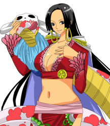 Rule 34 | 1girl, amazon lily, amazon warrior, bad id, bad pixiv id, black hair, boa hancock, breasts, cape, center opening, chiroru shimai, cleavage, earrings, epaulettes, jewelry, large breasts, midriff, navel, no bra, one piece, salome (one piece), skull, snake