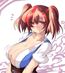 Rule 34 | 1girl, blush, breasts, cleavage, collarbone, female focus, highres, huge breasts, looking at viewer, onozuka komachi, red eyes, red hair, saiste, short sleeves, short twintails, solo, touhou, twintails, two side up, upper body, white background