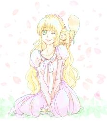 Rule 34 | 1girl, blonde hair, breasts, claire bennett, dress, flower, green eyes, long hair, one eye closed, open mouth, ribbon, tales of (series), tales of rebirth