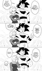 Rule 34 | ..., 1boy, 1girl, absurdres, android 18, beach umbrella, breasts, cloud, comic, commentary, crossed arms, dougi, dragon ball, dragon ball super, english commentary, english text, facepalm, funsexydb, greyscale, hand on own face, hands on own hips, highres, medium breasts, monochrome, open mouth, raised eyebrows, smile, son goku, spoken ellipsis, umbrella, wristband