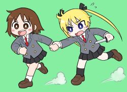 Rule 34 | 2girls, :d, anger vein, black bow, black skirt, black socks, blonde hair, blue eyes, blush, bow, bright pupils, brown eyes, brown footwear, brown hair, bseibutsu, buttons, commentary request, dust cloud, flat chest, flying sweatdrops, full body, green background, grey jacket, hair bow, holding, holding knife, jacket, kill me baby, knife, loafers, long hair, looking afar, looking at another, medium bangs, multiple girls, necktie, open mouth, oribe yasuna, pleated skirt, red necktie, round teeth, running, school uniform, shoes, short hair, simple background, skirt, smile, socks, sonya (kill me baby), teeth, twintails, upper teeth only, v-shaped eyebrows, white pupils, white socks