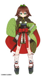 Rule 34 | armor, brown hair, capelet, imai hiyoko, loose socks, maruyama (oshiro project), official art, oshiro project:re, oshiro project:re, short hair, simple background, sleeves past wrists, socks, solo, sword, weapon, white background