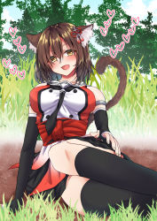Rule 34 | 1girl, animal ears, black gloves, black neckerchief, black skirt, black socks, brown eyes, brown hair, buttons, cat ears, cat tail, commentary request, double-breasted, elbow gloves, fingerless gloves, gloves, grass, highres, izumo ayuka, kantai collection, looking at viewer, neckerchief, school uniform, sendai (kancolle), sendai kai ni (kancolle), serafuku, shirt, sitting, skirt, sleeveless, sleeveless shirt, socks, solo, tail, two side up, yokozuwari