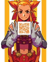 Rule 34 | 1girl, cryamore, detached sleeves, esmyrelda maximus, freckles, gloves, goggles, goggles on head, holding, holding sign, image sample, long hair, matching hair/eyes, midriff, navel, orange eyes, orange hair, qr code, robaato, sidelocks, sign, smile, solo, spiked hair, suspenders, white gloves