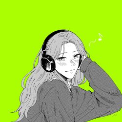 Rule 34 | 1girl, airyuchuu, bad source, blush, commentary, eighth note, green background, greyscale with colored background, hand up, headphones, instagram username, kininatteru hito ga otoko ja nakatta, long hair, looking at viewer, musical note, oosawa aya, parted bangs, smile, solo, sweater, upper body, wavy hair