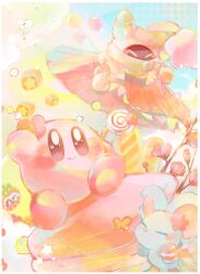 Rule 34 | arm up, balloon, blue sky, blush, border, branch, bud, bug, butterfly, candy, cherry blossoms, cloak, closed eyes, closed mouth, cloud, commentary request, day, elfilin, flower, flower (symbol), flower in eye, food, gloves, highres, holding, holding candy, holding food, holding lollipop, insect, kirby, kirby (series), lollipop, looking at viewer, macaron, magolor, maxim tomato, nintendo, no humans, notched ear, pink eyes, pink flower, pom pom (clothes), rayman limbs, sky, smile, star (symbol), star block, stern (stern dream), swirl lollipop, symbol in eye, void soul, void termina, white border