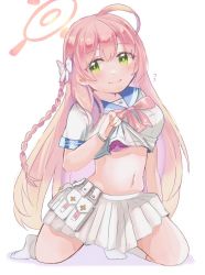 Rule 34 | 1girl, ahoge, belt, belt bag, blue archive, bra, breasts, clothes lift, commentary request, green eyes, hair ribbon, halo, hanako (blue archive), large breasts, looking at viewer, navel, pink hair, ribbon, school uniform, shirt lift, simple background, smile, solo, underwear, white background