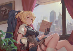 Rule 34 | 1girl, belt, bigrbear, black gloves, blonde hair, blue necktie, blue skirt, book, braid, breasts, chair, closed mouth, commentary request, corset, cup, curtains, day, dinergate (girls&#039; frontline), english text, feet out of frame, from side, girls&#039; frontline, gloves, green eyes, grey sky, highres, holding, holding book, holster, leg holster, leg strap, looking at viewer, looking to the side, medium breasts, necktie, open book, p7 (girls&#039; frontline), painting (object), plant, potted plant, short hair, sitting, skirt, sky, socks, solo, teacup, thigh strap, twintails, welrod mkii (girls&#039; frontline), white socks, window