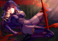 Rule 34 | 1girl, armor, blurry, bodysuit, breasts, breasts apart, covered erect nipples, depth of field, eyes visible through hair, fate/grand order, fate (series), flower, from side, gae bolg (fate), gloves, hair between eyes, high heels, holding, holding weapon, impossible clothes, jh, knee up, large breasts, light rays, long hair, parted lips, pauldrons, planted, planted sword, planted weapon, polearm, purple bodysuit, purple hair, reclining, red eyes, scathach (fate), shoulder armor, solo, spear, spider lily, spread legs, sunbeam, sunlight, sword, turtleneck, veil, very long hair, weapon
