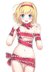 Rule 34 | 1girl, :d, alice margatroid, blonde hair, blue eyes, blush, bow, breasts, culter, hairband, highres, looking at viewer, naked ribbon, navel, open mouth, ribbon, short hair, simple background, smile, solo, thigh gap, touhou, white background