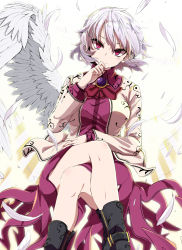 Rule 34 | 1girl, black footwear, boots, breasts, brooch, dress, feathered wings, feathers, head tilt, highres, jacket, jewelry, kishin sagume, crossed legs, long sleeves, looking at viewer, medium breasts, nail polish, purple dress, red eyes, rihito (usazukin), short dress, silver hair, simple background, single wing, solo, touhou, tsurime, white background, white wings, wings