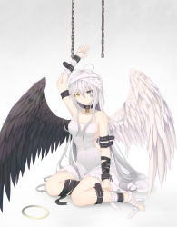 1girl absurdres angel_wings antenna_hair arm_belt arm_up armpits asymmetrical_wings bad_id bad_pixiv_id bandaged_arm bandaged_leg bandages bare_shoulders black_wings blue_eyes bound bound_wrists breasts broken broken_chain chain chained cleavage closed_mouth collar collarbone covered_navel cross dress expressionless fakegeo feathered_wings full_body gradient_background grey_background heterochromia highres lock long_hair looking_at_viewer medium_breasts original padlock sideboob silver_hair sitting sleeveless sleeveless_dress solo tied_up_(nonsexual) very_long_hair white_dress white_wings wings yellow_eyes yokozuwari