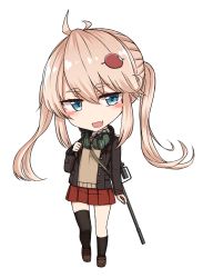 Rule 34 | 1girl, :d, ahoge, bag, black jacket, black socks, blush stickers, brown footwear, chibi, collared shirt, ear protection, fang, full body, gun, gun on back, hair between eyes, head tilt, jacket, kneehighs, light brown hair, loafers, long hair, long sleeves, looking at viewer, open clothes, open jacket, open mouth, original, pleated skirt, red skirt, school bag, school uniform, scope, shirt, shoes, sidelocks, simple background, single kneehigh, single sock, single thighhigh, skirt, smile, socks, solo, standing, standing on one leg, sweater vest, thick eyebrows, thighhighs, twintails, very long hair, weapon, weapon on back, weapon request, white background, white shirt, yakob labo