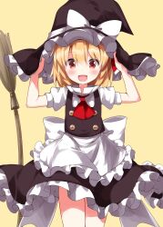 Rule 34 | 1girl, :d, apron, arms up, ascot, back bow, black hat, black skirt, black vest, blonde hair, blush, bow, brooch, cosplay, cowboy shot, floating clothes, frilled apron, frilled hat, frilled skirt, frills, hands on headwear, hat, hat bow, highres, jewelry, kirisame marisa, kirisame marisa (cosplay), looking at viewer, open mouth, puffy short sleeves, puffy sleeves, red ascot, red eyes, rumia, ruu (tksymkw), shirt, short hair, short sleeves, simple background, skirt, smile, solo, standing, touhou, vest, waist apron, white apron, white bow, white shirt, witch hat, yellow background