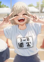 2girls blonde_hair blue_shorts blush closed_eyes commentary_request day double_v hairband hara_kenshi highres kunitomi_ryouka multiple_girls open_mouth original outdoors shirt short_hair short_sleeves shorts solo_focus sweat v v_over_eye white_hairband white_shirt