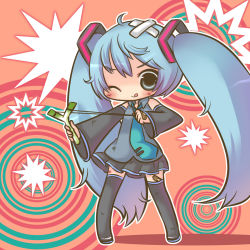 Rule 34 | 1girl, ;q, bandages, bandaid, blue eyes, blue hair, chibi, concentric circles, crossed bandaids, hatsune miku, highres, injury, long hair, matching hair/eyes, one eye closed, scrape, semausa, slingshot (weapon), solo, spring onion, thighhighs, tongue, tongue out, twintails, vocaloid, wink