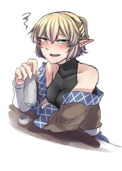 Rule 34 | 1girl, bare shoulders, blonde hair, blush, bottle, drunk, green eyes, highres, md5 mismatch, mizuhashi parsee, nicutoka, open mouth, pointy ears, resized, short hair, solo, touhou