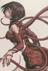 Rule 34 | 1girl, absurdres, bare shoulders, blunt bangs, breasts, brown hair, cowboy shot, dress, head tilt, highres, hoshijiro shizuka, looking at viewer, looking back, parted lips, red dress, red eyes, short hair, sidonia no kishi, simple background, small breasts, solipsist, solo, tentacles, yellow background
