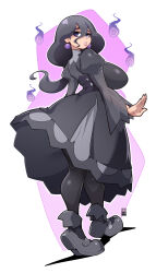 1girl absurdres alternate_breast_size bags_under_eyes bayeuxman black_dress black_hair breasts creatures_(company) dress earrings full_body game_freak hair_between_eyes hex_maniac_(pokemon_legends:_z-a) highres huge_breasts jewelry long_hair long_sleeves looking_back nintendo pokemon pokemon_legends:_z-a purple_eyes see-through_clothes solo