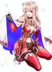 Rule 34 | 1girl, blonde hair, cape, dress, fina (ffbe), final fantasy, final fantasy brave exvius, flower, full body, hair flower, hair ornament, hand on own thigh, highres, kneeling, looking at viewer, navel, one eye closed, open mouth, red dress, red thighhighs, solo, starry sky print, tarutaru yamaoka, teeth, thighhighs, upper teeth only, white background, white cape, white footwear