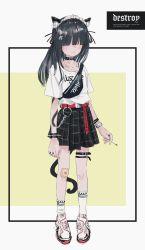 Rule 34 | 1girl, absurdres, animal ears, bad id, bad twitter id, bandaid, belt, black hair, bow, bracelet, cat ears, child, cigarette, collar, english text, engrish text, fanny pack, full body, gishiki (gshk), hair bow, hair ornament, hair over eyes, hairclip, highres, holding, holding cigarette, jewelry, long hair, maid headdress, miniskirt, multiple rings, necklace, original, pleated skirt, ranguage, red belt, ring, shirt, shoes, short sleeves, skirt, snake tattoo, socks, solo, spiked bracelet, spikes, tattoo, thigh strap, watch, white shirt, wristwatch