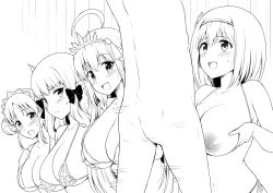 Rule 34 | 1boy, 4girls, :d, ahoge, ass, bikini, bow, breasts, cleavage, collarbone, crown, double bun, elf, greyscale, hair bow, hair bun, hairband, highres, jealous, large breasts, long hair, looking at another, micro bikini, monochrome, motion lines, multiple girls, nipples, open mouth, pecorine (princess connect!), pointy ears, princess connect!, saren (princess connect!), short hair, smile, standing, suzume (princess connect!), sweatdrop, swimsuit, tiara, yue (show-ei), yui (princess connect!)