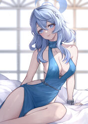 Rule 34 | 1girl, absurdres, ako (blue archive), ako (dress) (blue archive), bed sheet, black hairband, blue archive, blue dress, blue eyes, blue hair, blue halo, blush, breasts, cleavage, closed mouth, collarbone, cuffs, dress, hair between eyes, hairband, halo, handcuffs, highres, indoors, large breasts, long hair, oeun, official alternate costume, sleeveless, sleeveless dress, smile, solo