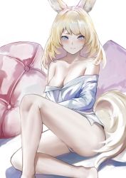 Rule 34 | 1girl, animal ears, arknights, bare legs, bare shoulders, blonde hair, blue eyes, blush, breasts, cleavage, commentary, english commentary, grey shirt, highres, horse ears, knee up, krirk, large breasts, long hair, long sleeves, looking at viewer, no pants, off shoulder, panties, shirt, simple background, sitting, solo, tail, thighs, underwear, whislash (arknights), white background, white panties