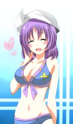 Rule 34 | 1girl, ^ ^, arm behind back, bad id, bad pixiv id, bikini, blue bikini, blush stickers, breasts, cleavage, closed eyes, closed eyes, female focus, front-tie top, hat, heart, kyuuri ryou, large breasts, letty whiterock, light purple hair, navel, short hair, solo, swimsuit, touhou