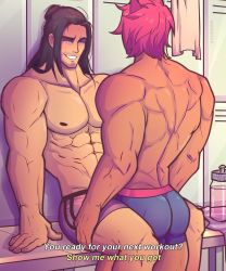 Rule 34 | 2boys, abs, animal ears, artist name, ass, bara, biceps, black hair, bottle, cat ears, couple, feet out of frame, gym shorts, highres, large pectorals, league of legends, locker, locker room, long hair, looking at another, male focus, manly, mature male, multiple boys, muscular, muscular male, nipples, pectorals, ponytail, red hair, sett (league of legends), short hair, shorts, signature, sylas (league of legends), tan, text focus, thick arms, thick eyebrows, thick thighs, thighs, tight clothes, topless male, towel, vylnora, yaoi
