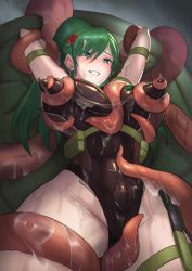 Rule 34 | absurdres, armband, arms up, blush, bodysuit, bound, breast hold, breasts, breasts squeezed together, commission, dripping, grabbing, grabbing another&#039;s breast, green eyes, green hair, groping, highres, indie virtual youtuber, koopa fortuna, large breasts, naughty face, nipple stimulation, nipple tweak, nipples, noranekonikoru, pixiv commission, ponytail, restrained, rubbing, seductive smile, skin tight, slime (substance), smile, solo, spread legs, tentacle grab, tentacles, thigh strap, thighs, virtual youtuber, wet