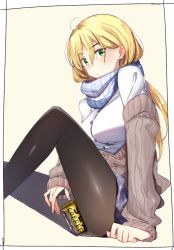 Rule 34 | 1girl, ahoge, blonde hair, blush, can, closed mouth, coffee, green eyes, holding, holding can, kei (soundcross), medium hair, original, pantyhose, plaid, plaid scarf, scarf, sitting, skirt, solo, sweater, yellow background