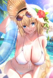 Rule 34 | 1girl, alternate costume, ball, beach, beachball, bikini, black hairband, blonde hair, blue eyes, blue innertube, blue sky, blush, braid, braided ponytail, breasts, cleavage, cloud, commentary, day, eyewear on head, fate/grand order, fate (series), hairband, hat, highres, holding, holding swim ring, innertube, jeanne d&#039;arc (fate), large breasts, long hair, looking at viewer, mishiro (ixtlolton), navel, open mouth, outdoors, sand, sky, smile, solo, stomach, straw hat, sun hat, sunglasses, sunlight, swim ring, swimsuit, water, wet, white bikini