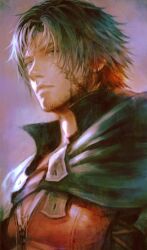 Rule 34 | 1boy, black cloak, black hair, blue eyes, clive rosfield, cloak, closed mouth, earrings, facial hair, facial scar, final fantasy, final fantasy xvi, hirao (hiered), jewelry, male focus, muscular, muscular male, parted bangs, portrait, red vest, scar, scar on cheek, scar on face, short hair, solo, stubble, upper body, vest