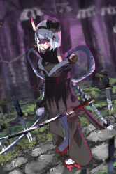 Rule 34 | 1girl, 38 (sanjuuhachi), bare shoulders, black kimono, black shirt, character request, check character, closed mouth, commentary request, facial mark, forest, highres, holding, holding sword, holding weapon, horns, japanese clothes, katana, kimono, konpaku youmu, looking at viewer, mask, mask on head, nature, oni horns, outdoors, pantyhose, planted, planted sword, planted weapon, red eyes, red footwear, sandals, shirt, short hair, shoulder tattoo, single horn, sleeveless, sleeveless shirt, solo, sword, tattoo, touhou, weapon, white hair, white pantyhose, zouri