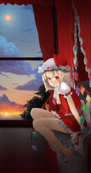 Rule 34 | 1girl, arm support, ascot, back bow, bare legs, barefoot, bed, blonde hair, blush, bow, canopy bed, closed mouth, cloud, crystal, curtains, diffraction spikes, expressionless, flandre scarlet, flat chest, frilled shirt collar, frills, full body, full moon, gradient sky, hair between eyes, hat, hat bow, highres, indoors, lips, looking at viewer, medium hair, mob cap, moon, night, petticoat, puffy short sleeves, puffy sleeves, red bow, red eyes, red skirt, red vest, shirt, short sleeves, shshs budai, sitting, skirt, skirt set, sky, solo, sun, sunset, touhou, vest, white bow, white hat, white shirt, window, wings, yellow ascot