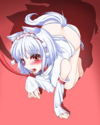 Rule 34 | 1girl, all fours, animal ears, barefoot, blush, collar, detached sleeves, dog ears, fangs, female focus, haruichi (komikal), inubashiri momiji, leash, panties, paw pose, red eyes, shadow, short hair, side-tie panties, silver hair, sleeves past wrists, solo, striped clothes, striped panties, tail, tears, touhou, underwear, viewer holding leash, wolf ears, wolf tail