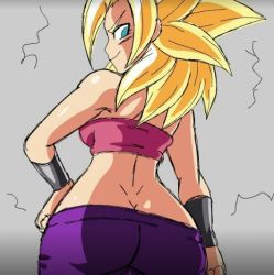 Rule 34 | 10s, 1girl, ass, back, bare back, bare shoulders, blonde hair, blue eyes, breasts, butt crack, caulifla, curvy, dragon ball, dragon ball super, female focus, from behind, hand on own hip, large breasts, looking down, pants, sideboob, sketch, smile, solo, spiked hair, strapless, super saiyan, tube top, wide hips, wristband
