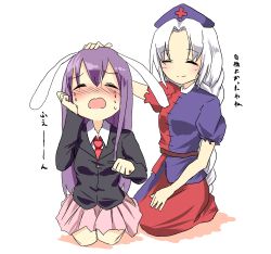 Rule 34 | 2girls, animal ears, closed eyes, closed mouth, comforting, crying, headpat, highres, legacy of lunatic kingdom, long hair, long sleeves, multiple girls, open mouth, pink skirt, pleated skirt, purple hair, rabbit ears, reisen udongein inaba, short sleeves, simple background, skirt, smile, tears, touhou, wavy mouth, white background, white hair, yagokoro eirin, yamato (muchuu paradigm)