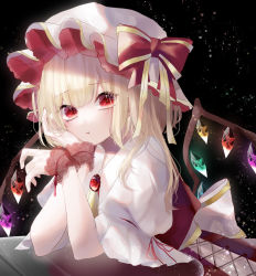 Rule 34 | 1girl, :t, adapted costume, arms up, ascot, black background, blonde hair, brooch, commentary request, elbows on table, flandre scarlet, gem, hand on own cheek, hand on own face, hat, hat ribbon, head in hand, head rest, highres, jewelry, looking at viewer, mob cap, one side up, pout, puffy short sleeves, puffy sleeves, red eyes, red gemstone, red skirt, red vest, ribbon, shirt, short hair, short sleeves, skirt, solo, sparkle, sparkling eyes, table, touhou, vest, white hat, white shirt, wings, wrist cuffs, yellow ascot, yukia (yukia 777)