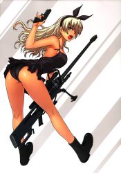 Rule 34 | 1girl, absurdres, ass, bare shoulders, bent over, blonde hair, blue eyes, blush, boots, breasts, character request, dress, feet, gun, hairband, highres, large breasts, legs, long hair, looking back, open mouth, panties, simple background, solo, soo-hyon lee, source request, thighs, underwear, weapon, white background