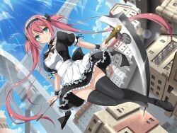 Rule 34 | 1girl, airi (queen&#039;s blade), airi (the infernal temptress), apron, arch, architecture, battlement, black bow, black dress, black footwear, black ribbon, black thighhighs, blue eyes, blue sky, blush, bow, bowtie, breasts, bridge, building, city, cityscape, cleavage, cleavage cutout, closed mouth, clothing cutout, cloud, collar, crossover, day, dress, floating, frilled apron, frilled dress, frilled headwear, frilled sleeves, frilled wristband, frills, hair bow, hair ribbon, holding, holding scythe, holding weapon, large breasts, lens flare, light particles, light rays, long hair, looking at viewer, maid, maid apron, maid headdress, medium breasts, official art, outdoors, pleated dress, puffy short sleeves, puffy sleeves, quad tails, queen&#039;s blade, red hair, ribbon, sash, scythe, senran kagura, senran kagura new link, short dress, short sleeves, short twintails, sidelocks, skirt, sky, smile, solo, sunbeam, sunlight, thighhighs, tile roof, twintails, two side up, underwear, very long hair, waist apron, waist bow, weapon, white apron, white sash, wind, window, wrist cuffs, yaegashi nan