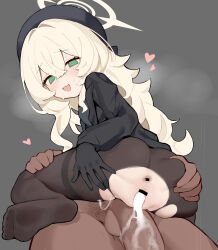 1boy 1girl absurdres aftersex anus ass bar_censor beret black_background black_gloves black_hat black_pantyhose black_serafuku blonde_hair blue_archive blush censored clothed_female_nude_male commentary_request cum cum_in_pussy cumdrip gloves grabbing_another&#039;s_ass green_eyes groping hair_between_eyes halo hat heart hei_tudou hetero highres loli long_hair no_shoes nude open_mouth pantyhose penis professor_niyaniya_(blue_archive) pussy school_uniform serafuku simple_background smile soles steam sweat torn_clothes torn_pantyhose