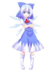 Rule 34 | 1girl, :d, blue eyes, blue hair, blush, boots, bow, cirno, crossed arms, full body, hair bow, highres, ice, ice wings, matching hair/eyes, open mouth, reimei (r758120518), smile, solo, tachi-e, touhou, transparent background, white footwear, wings
