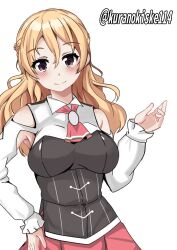 Rule 34 | 1girl, black eyes, blonde hair, bodice, braid, breasts, collared shirt, corset, dress shirt, french braid, highres, kantai collection, kurano kisuke, large breasts, long hair, one-hour drawing challenge, red skirt, shirt, simple background, skirt, smile, solo, twitter username, upper body, wavy hair, white background, white shirt, zara (kancolle)