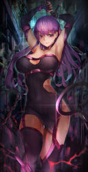 Rule 34 | 1girl, absurdres, armpits, arms up, bare shoulders, black collar, black detached sleeves, black dress, black thighhighs, breasts, chain, cleavage, cleavage cutout, closed mouth, clothing cutout, collar, cosplay, covered navel, detached sleeves, dress, fate/stay night, fate (series), female focus, highres, large breasts, legs, lips, long hair, looking at viewer, matou sakura, medusa (fate), medusa (rider) (fate), medusa (rider) (fate) (cosplay), medusa (rider) (third ascension) (fate), nail polish, plaster (2501), purple eyes, purple hair, short dress, side cutout, solo, standing, strapless, strapless dress, thighhighs, type-moon, weapon, zettai ryouiki